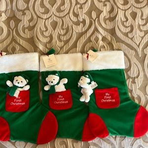 My First Christmas Green stocking with bear rattle -13” Tall